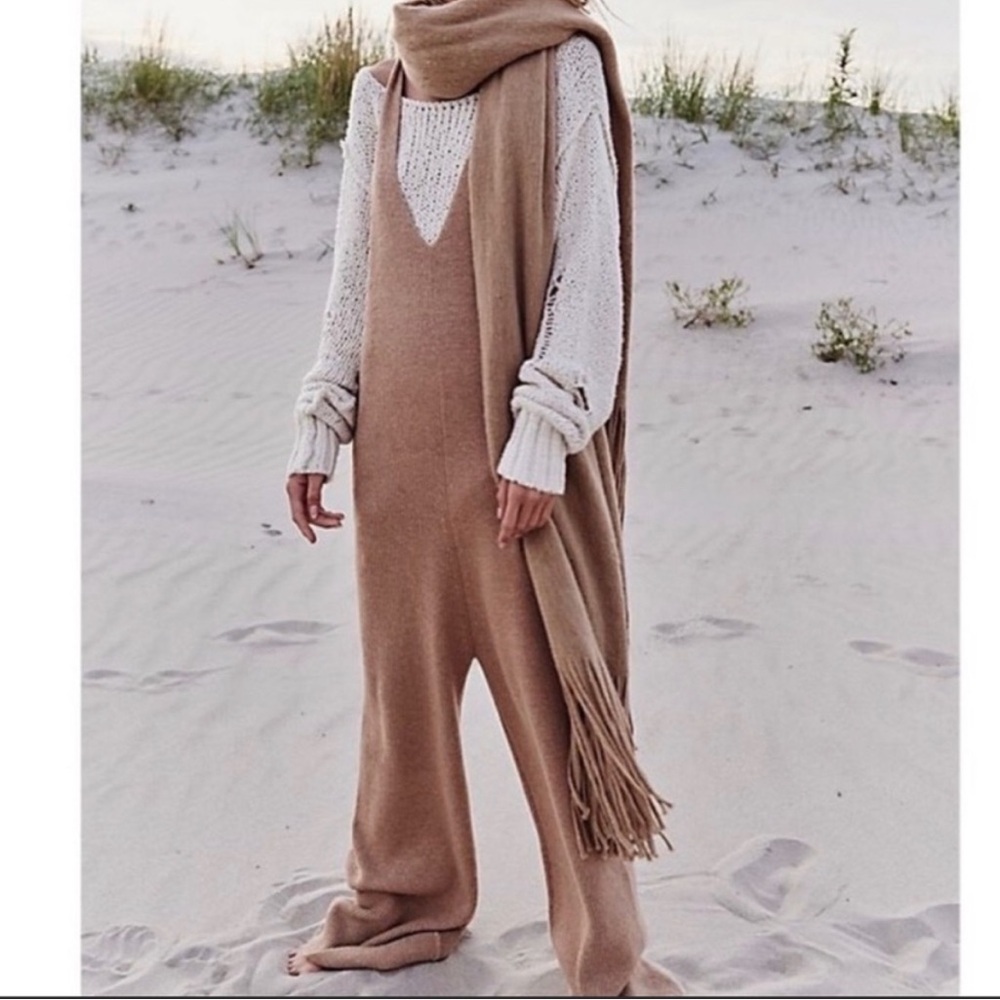 Free People Warm It Up Jumpsuit Size Large Wool Cashmere Tan Brown Comfy